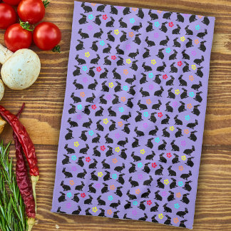 Group Spring Black Sitting Rabbits Flowers Purple Tea Towel