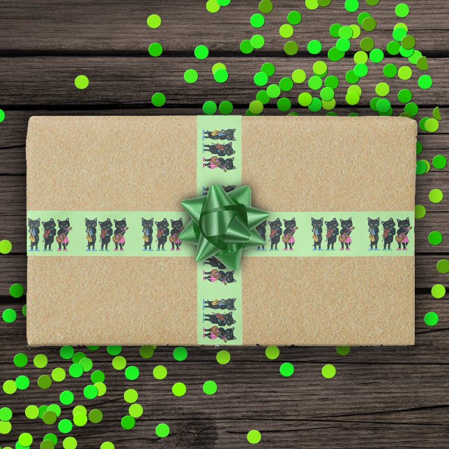 Group Three Black Cat Musicians Instruments Green Satin Ribbon (three black cat musicians playing instruments colourful clothes on light green ribbon for gift wrap.)