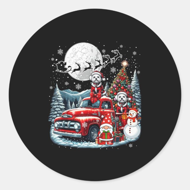 Group Xmas Gnome Snowman Santa Bichon Frises On Ck Classic Round Sticker (Front)