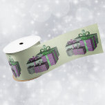 Grouped wrapped purple green presents Light Green Satin Ribbon<br><div class="desc">This roll of ribbon is light green with a group of presents with shiny purple and green paper and bows.</div>