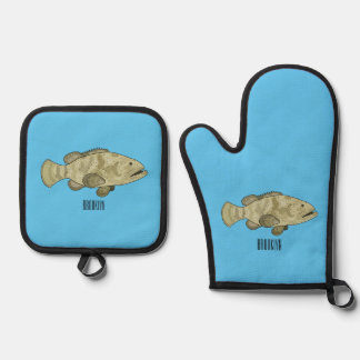 Grouper fish cartoon illustration oven mitt & pot holder set