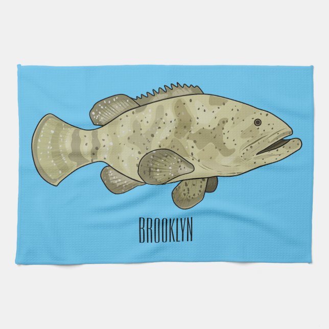 Grouper fish cartoon illustration tea towel (Horizontal)
