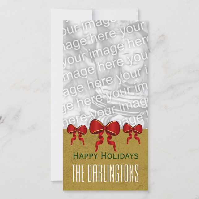 GROUPON Red Bows and Gold Merry Christmas V11 Holiday Card (Front)