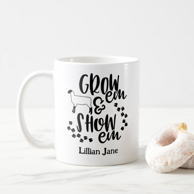 Grow Em Show Em Lamb Custom Name Coffee Mug (With Donut)
