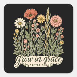 Grow in Grace Christian Floral Bible Verse Design Square Sticker