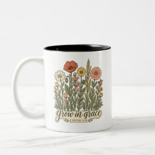Grow in Grace Christian Floral Bible Verse Design Two-Tone Coffee Mug