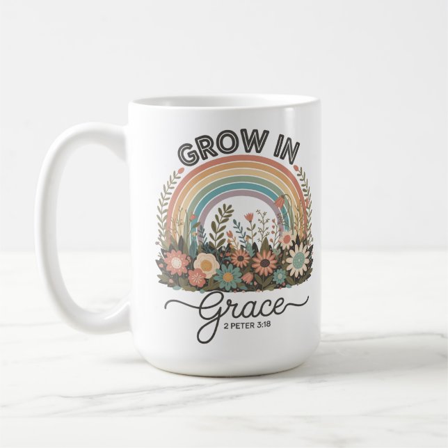 Grow in Grace Rainbow Floral Christian Coffee Mug (Left)