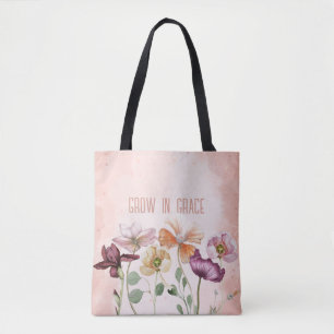 Grow in Grace Watercolor Floral Monogram Tote Bag