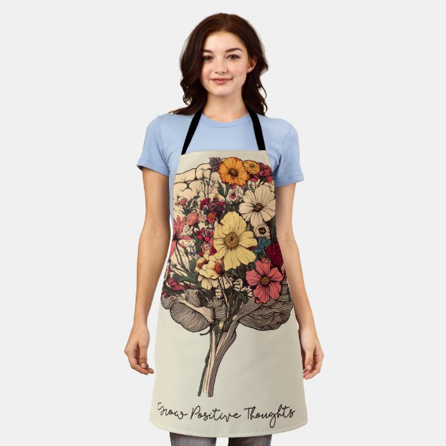 Grow Positive Thoughts Brain Floral Style T-Shirt Apron (Worn)