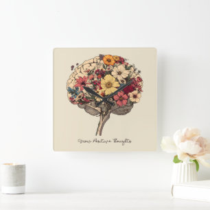 Grow Positive Thoughts Brain Floral Style T-Shirt Square Wall Clock