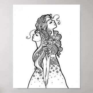 Grow Together - Mother Daughter Line Art Portrait Poster