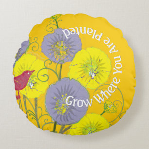 Grow Where You Are Planted Vintage Bird Floral Round Cushion