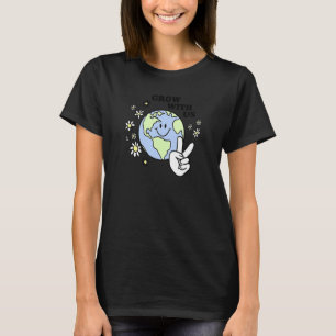 Grow With Us Happy Earth Peace Sign Flowers T-Shirt
