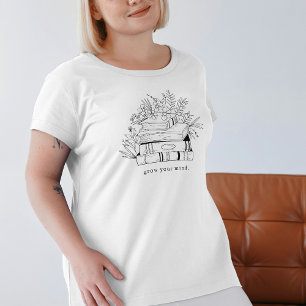 Grow your mind Black Flowers and Books Hand Drawn T-Shirt