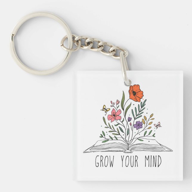 Grow Your Mind Boho Wildflower and Book Key Ring (Front)