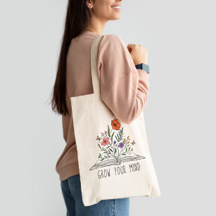 Grow Your Mind Boho Wildflower and Book Tote Bag