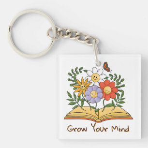 Grow Your Mind Book Floral Vintage Reading Flowers Key Ring