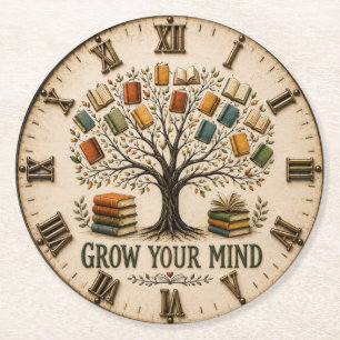 Grow Your Mind Book Reading Teacher Gift Round Paper Coaster