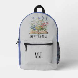 Grow Your Mind Floral Book Inspirational Quote Printed Backpack