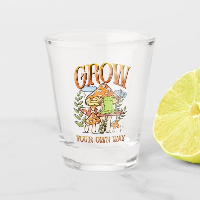 "Grow Your Own Way" | Meditating Frog & Mushroom Shot Glass (Front)