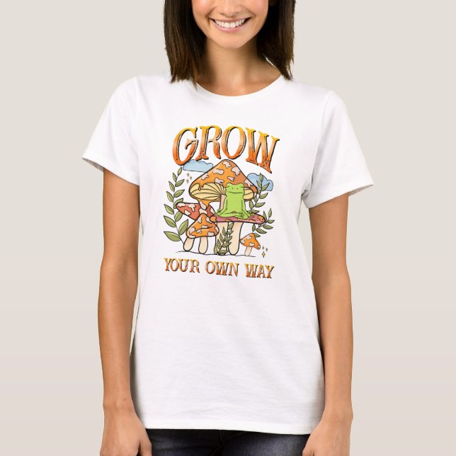 "Grow Your Own Way" | Meditating Frog & Mushroom T-Shirt (Front)