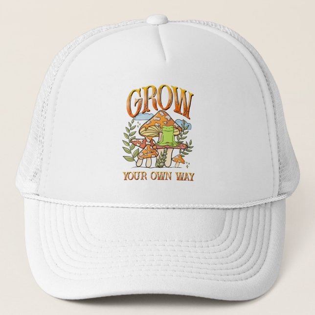 Grow Your Own Way – Meditating Frog & Mushroom Trucker Hat (Front)