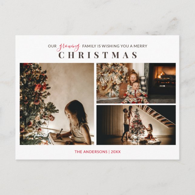 Growing Family 3 Photo Merry Christmas Postcard (Front)