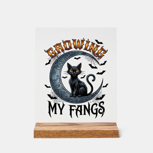 Growing Fangs Black Cat Crescent Moon Bats Hallowe Acrylic Sign (Front)