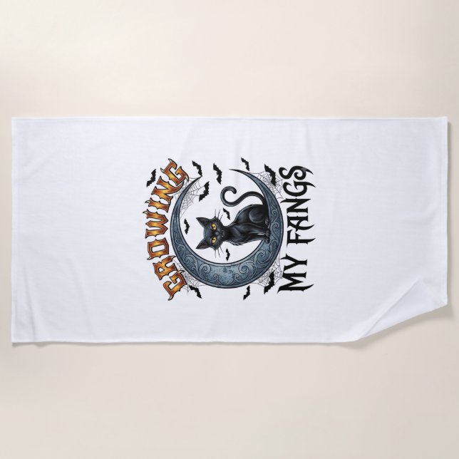 Growing Fangs Black Cat Crescent Moon Bats Hallowe Beach Towel (Front)
