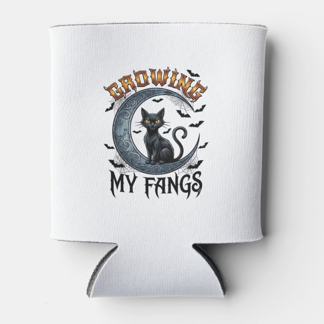 Growing Fangs Black Cat Crescent Moon Bats Hallowe Can Cooler (Front)