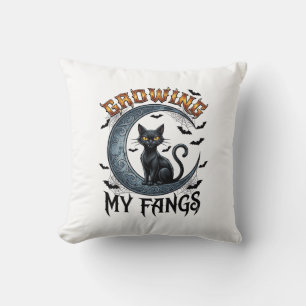 Growing Fangs Black Cat Crescent Moon Bats Hallowe Cushion
