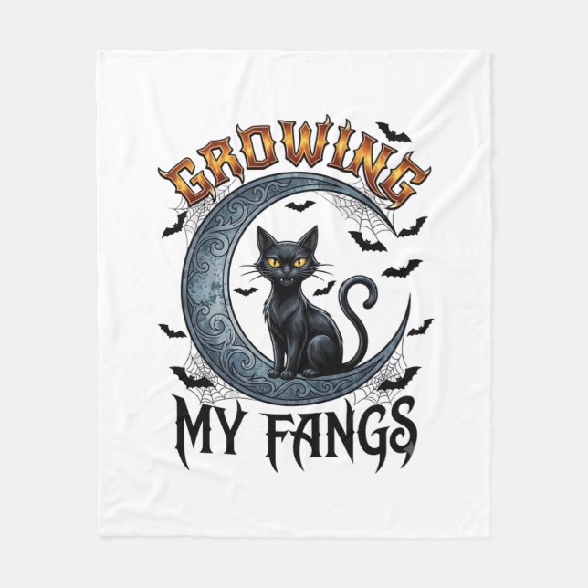 Growing Fangs Black Cat Crescent Moon Bats Hallowe Fleece Blanket (Front)