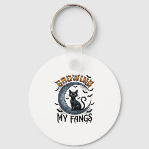 Growing Fangs Black Cat Crescent Moon Bats Hallowe Key Ring