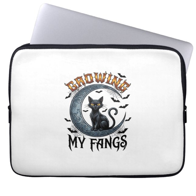 Growing Fangs Black Cat Crescent Moon Bats Hallowe Laptop Sleeve (Front)