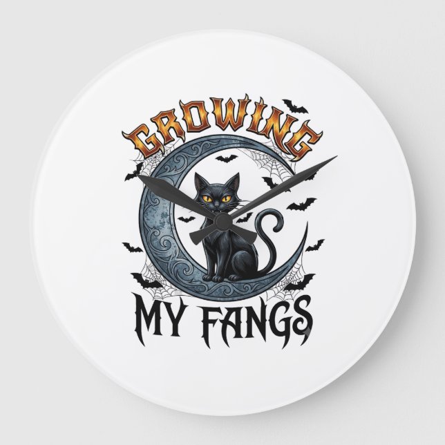 Growing Fangs Black Cat Crescent Moon Bats Hallowe Large Clock (Front)