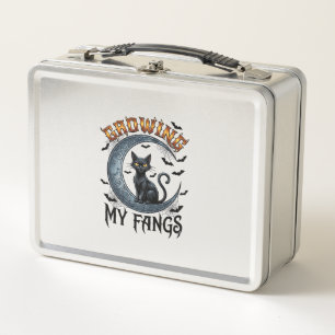 Growing Fangs Black Cat Crescent Moon Bats Hallowe Metal Lunch Box