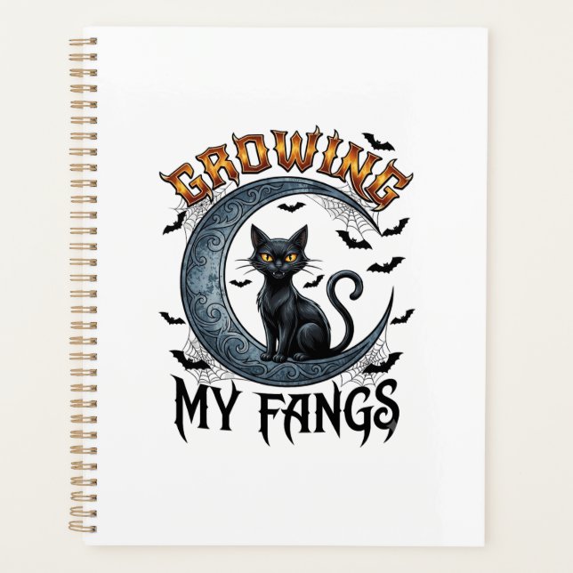 Growing Fangs Black Cat Crescent Moon Bats Hallowe Planner (Front)