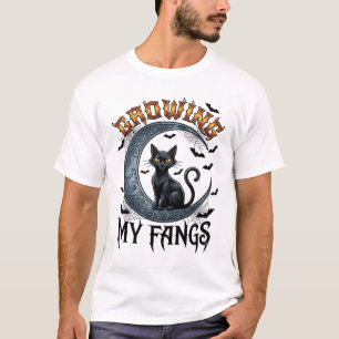 Growing Fangs Black Cat Crescent Moon Bats Hallowe T-Shirt