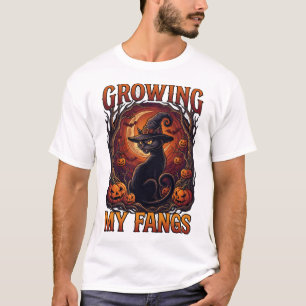 Growing Fangs Halloween Black Cat Witch Hat Pumpki T-Shirt