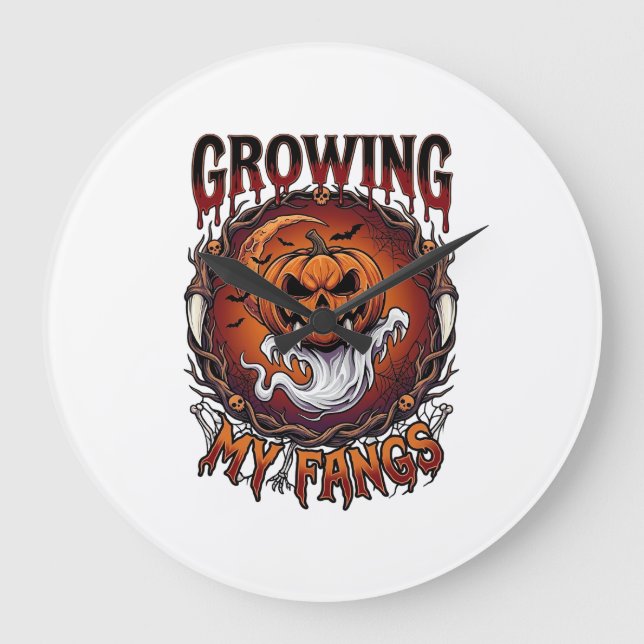 Growing Fangs Vampire Pumpkin Ghost Bats Skulls Large Clock (Front)