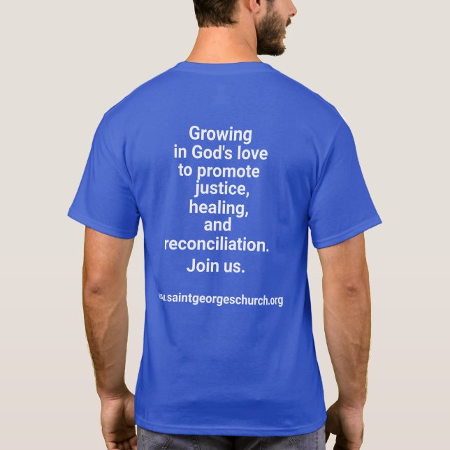 Growing in God's love to promote justice t-shirt (Back)