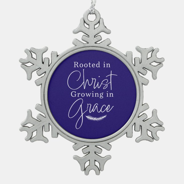 Growing in Grace Blue and White Christmas Snowflake Pewter Christmas Ornament (Front)