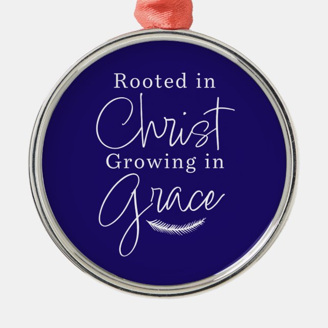 Growing in Grace Blue and White Round Christmas Metal Tree Decoration (Front)