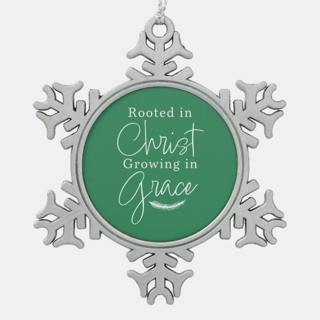 Growing in Grace Green and White Christmas Snowflake Pewter Christmas Ornament (Front)