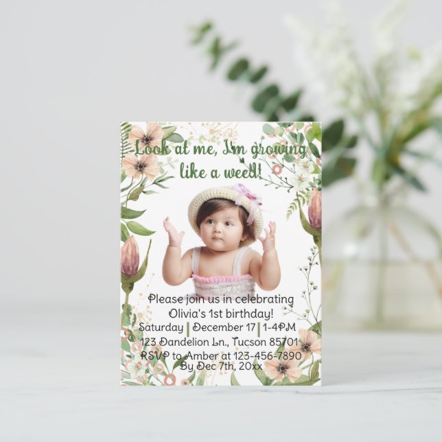 Growing like a weed, girl first birthday, postcard (Standing Front)
