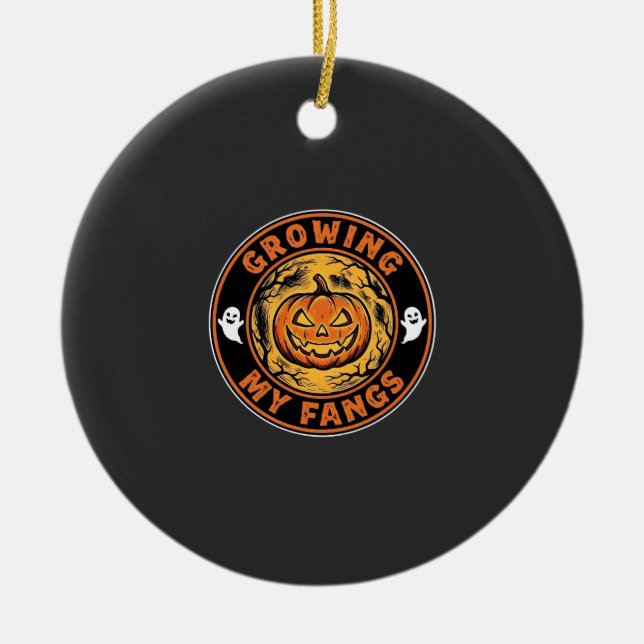 Growing My Fangs Halloween Pumpkin Ghost Design_1 Ceramic Tree Decoration (Front)