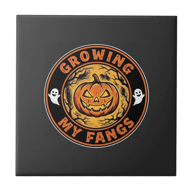 Growing My Fangs Halloween Pumpkin Ghost Design_1 Tile (Front)