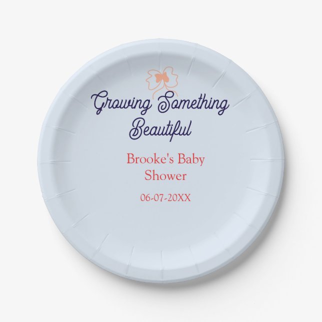 growing something beautiful peach bow baby shower  paper plate (Front)