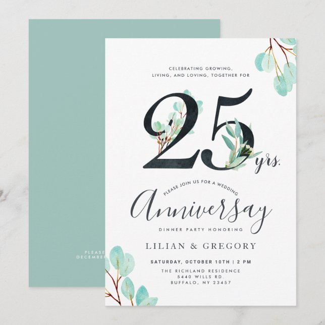 Growing Together 25th Anniversary Eucalyptus Theme Invitation (Front/Back)