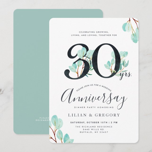 Growing Together 30th Anniversary Eucalyptus Theme Invitation (Front/Back)